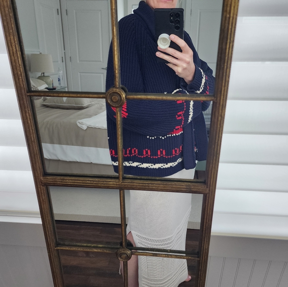 THE GREAT. Navy Sailboat Knit Cardigan with Cream and Red Accents - Picture 12 of 13